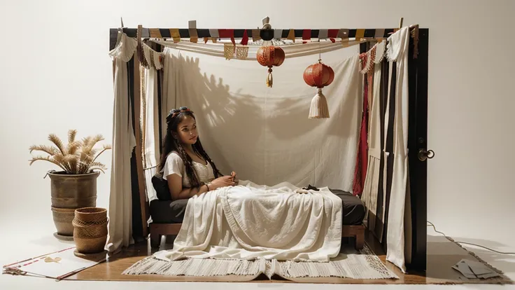 A 2D Pretty Gypsy Boho Paper Doll With red Dreadlocks, Wearing Chinese Paper Dress, On A white blank background. Analog Photography Aesthetic. Location: Looking Inside A Lit Paper Theater Diorama. Lighting: Theatrical Lighting With Drop Shadows And Depth O...