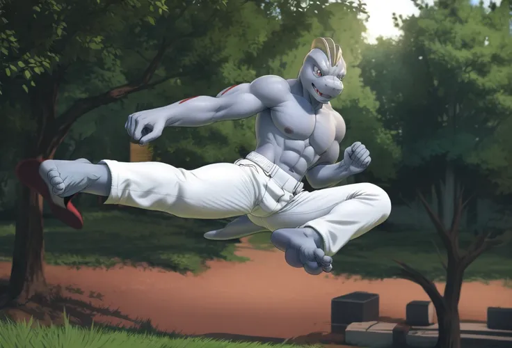 (((Barefoot furry character, full body, cinematic setting, furry male, plantigrade))) 

(((Machoke))) as Capoeira fighter, ((pokemon, long white pants, training Capoeira, in the park)), (((jump))), (((kick))), (((nice feet soles)))

blue body, bara:0.5

BR...