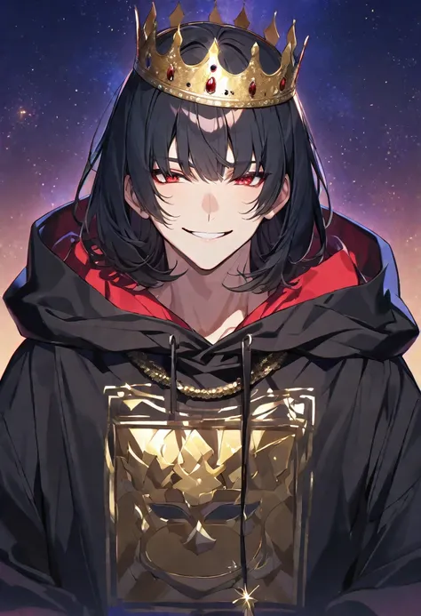 alone,good looking, 
1. male,
bangs,Straight hair,Bob Hair, ,
Black Hair, 
Satoru Gojo ,
Red eyes,Soft impression,
beautiful,Sexy,darkness,Gold Necklace,
Oversized black hoodie ,smile,King,crown,
Simple Background ,
Starry sky background,