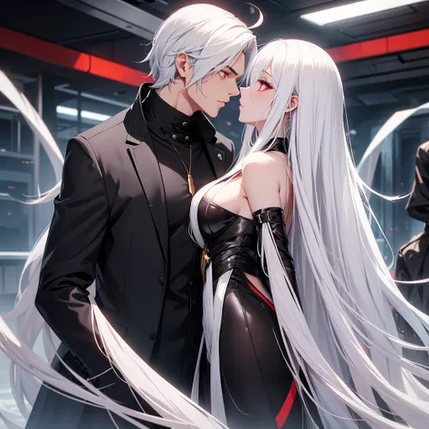 make two characters kiss: a girl with long white hair and red eyes, black dress with low neckline and a man taller than her, short white hair and golden eyes, both in futuristic clothes