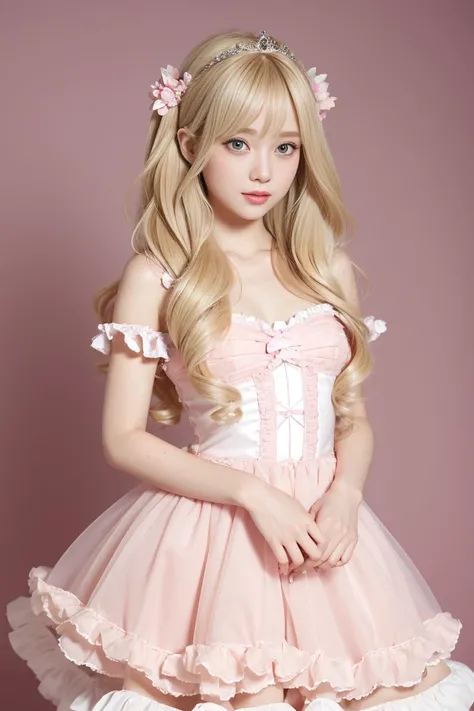 best quality, super fine, 16k, incredibly absurdres, extremely detailed, beautiful cute woman, shy, big shining eyes, blonde two-sided princess hairstyle, and a princess-like pink frilly long flared skirt dress, simple color background