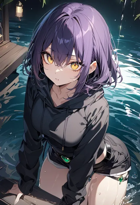 1 girl, masterpiece, top quality, fair skin, golden eyes, big eyes, dark purple hair, side tail, shorts, black belt, green jewel, frills, black hoodie, water