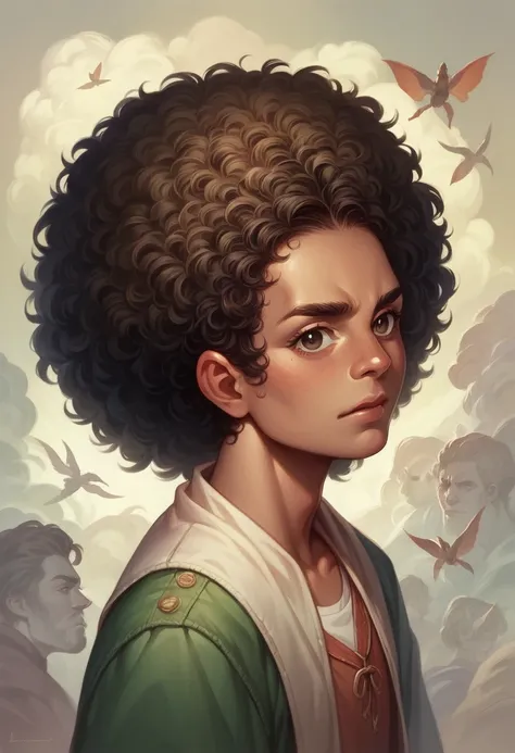 (A masterpiece, high quality, detailed CG 8k wallpaper and exquisite illustration) Miguel, a young and talented Afro-Latino sorcerer: dark, thin, curly haired, 17 years old, with heterochrony, (protagonist).