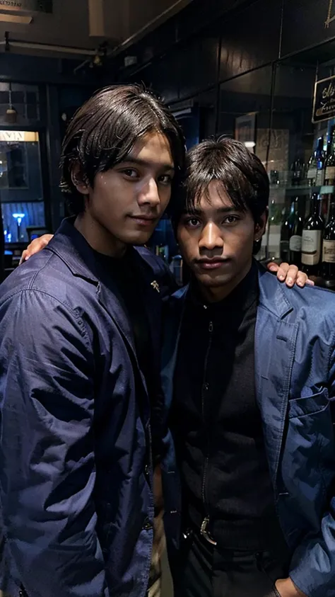 2 boys, dark skin, blue jacket, classic bar with wine, drinking wine 