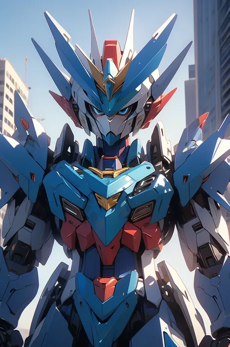 blue gundam, giant, feminine, city background