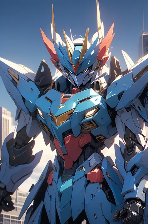 blue gundam, giant, feminine, city background