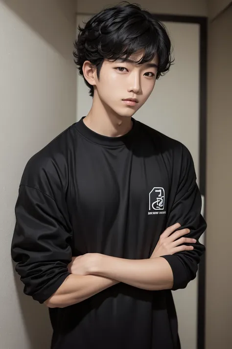 A Korean boy, curly black hair, black jersey 