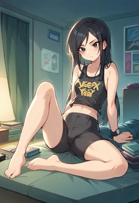 There is a girl sitting on the bed in the room and playing video games,Black Hair,Beautiful long hair, Large-screen TV, Teen Room with books, cyber punk, Young Girl,Inspired by Liam Wong, At night, Dark Room, Lo-fi illustration style, Gamer Room, Watch TV ...