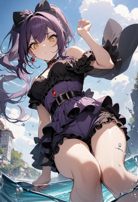 1 girl, masterpiece, top quality, fair skin, golden eyes, big eyes, dark purple hair, side tail, frills on shorts, black belt, red jewel, water