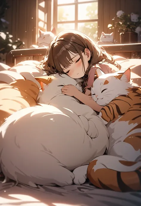 giant cat and  cute girl,  (cat bigger than the girl):1.5, giant fluffy adorable cat, leaning and sleeping side by side together on the bed, girl and cat happy full atmosphere, highly detailed, cinematic lighting, complex Detailed, warm colors, dreamy, sof...