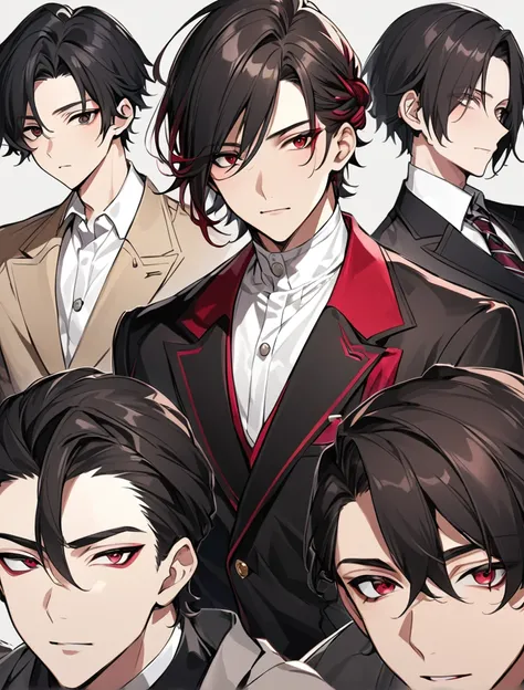 (black_hair), (short_hair), (red_ruby_eyes), (Handsome), (Attractive), (male), (unique_black_highschool_uniform), (detailed_Hair), (detailed_mouth), (Teenager), (elegant), (dark_under_eyes), (japanese)