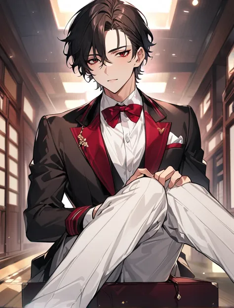 (black_hair), (short_hair), (red_ruby_eyes), (Handsome), (Attractive), (male), (unique_black_highschool_uniform), (detailed_Hair), (detailed_mouth), (Teenager), (elegant), (dark_under_eyes), (japanese)