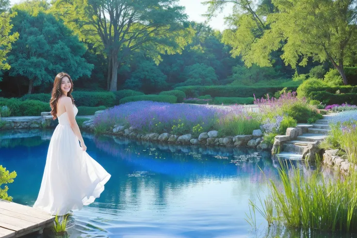 Highest quality　The background is a blue pond　Photo style　Fantasy　A beautiful woman in a white dress smiles with her hands behind her back in front of a pond　refreshing　Real　Romantic