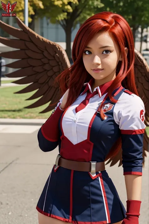 Screenshot of my hero academia red hair girl with brown u uniform.a tall chichona with wings and soft red eyes 