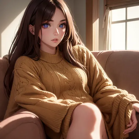 a girl sitting on a couch, beautiful detailed eyes, beautiful detailed lips, extremely detailed face and skin, long hair, detailed clothing, soft lighting, warm colors, photorealistic, 8k, highres, best quality, masterpiece