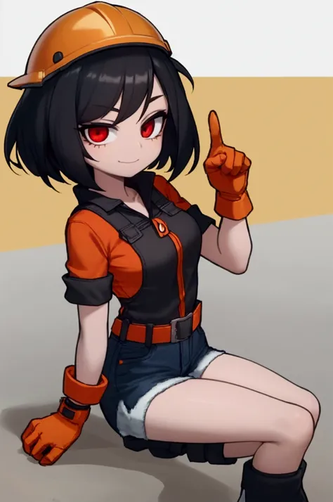 girl, black hair, bob, red eyes, orange short-sleeved safety jacket, black inner, denim shorts, black short socks, orange simple construction helmet, orange safety boots, white gloves, pointing finger 