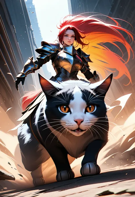 aarafed a picture of a  human knight riding an ((epic sized cat: 1.3)) וin fantasy street, a  a human knight, full body, ((anatomically correct: 1.5), female knight, red hair, long hair, hair in a pony tail, wearing knights armor, decorated armor, high hee...