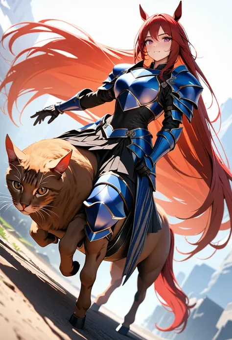 aarafed a picture of a  human knight riding an ((epic sized cat: 1.3)) וin fantasy street, a  a human knight, full body, ((anatomically correct: 1.5), female knight, red hair, long hair, hair in a pony tail, wearing knights armor, decorated armor, high hee...