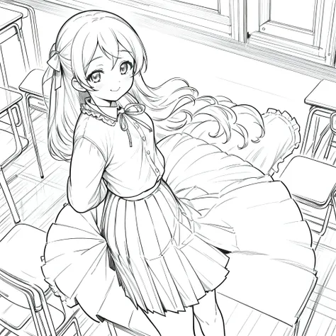 masterpiece, One girl, alone,  throw, Ayase Fuka, , blouse, Pleated skirt, ribbon, mini skirt, Front view, Bust Shot, walk, From above,
Cowboy Shot,, smile,  grayscale, Monochrome, Halftone, drawing, manga, Story of a bride,
Face Focus,  classroom,