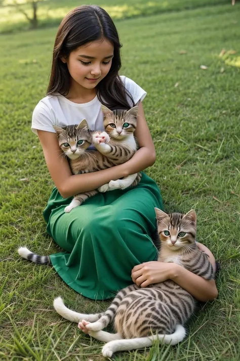 "Generate an image of a young girl named Mahak cradling several adorable kittens in her arms while seated in lush green grass. Ensure that the name Mahak is prominently displayed on the girls outfit. The scene should capture a heartwarming moment of connec...