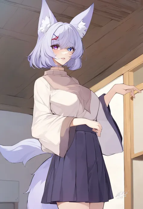 (masterpiece, best quality:1.2)((silver white hair))((heterochromia blue and violet eyes)),solo,1girl,((eyes tilted outwards)), mature_female, milf, animal_ears,averting_eyes,standing_fox_ears,fluffy_fox_tail,hair_between_eyes,basic_blue_hairpin,short_hair...