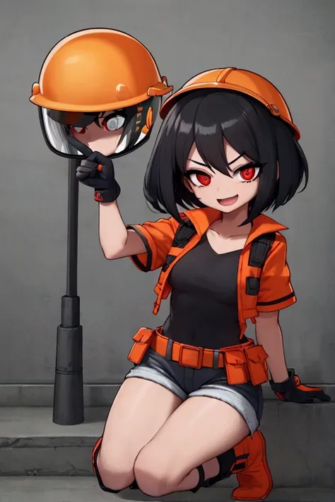 girl, black hair, bob, red eyes, orange short-sleeved safety jacket, black inner, denim shorts, black short socks, orange simple construction helmet, orange safety boots, white gloves, pointing finger 