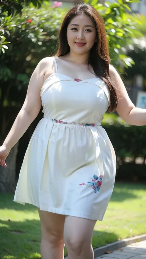 Height 1.85 meters，Smiling fat woman ，Oval face， 大Long legs， Wearing a blue floral loose suspender dress and pleated skirt,  Thin waist and thick hips, Hip width， Soft curves, hyperPractical full figure, Wearing a cute top, Long legs,,thickness, Beautiful ...