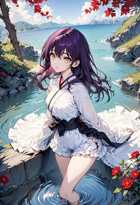 One girl, masterpiece, best quality, fair skin, golden eyes, big eyes, dark purple hair, tied to the side, frilled shorts, black belt, red jewel, water, anime