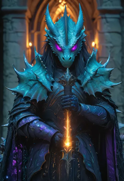 "ariel view of a fullbody skinny mask covered man with glowing eyes with a baby blue/purple algae glowing hatchling dragon wrapped around his shoulders, holds a bloody celestial orb staff filled with magic in his hand wears light dark leather armor and a s...