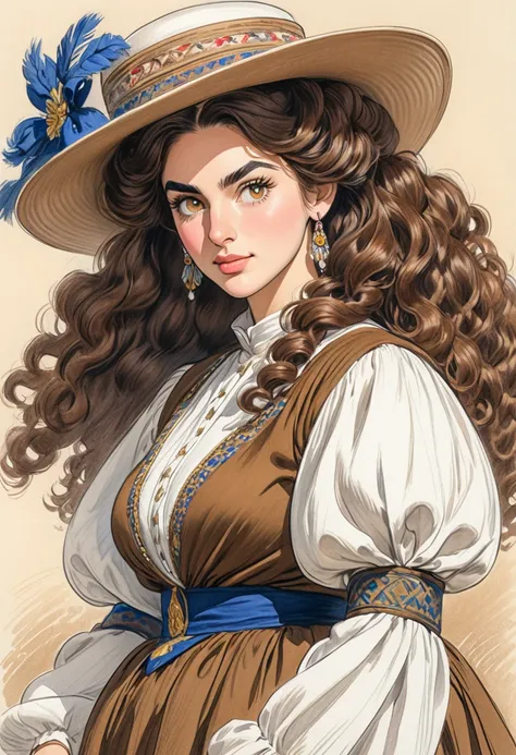 a colored pencil sketch of A beautful jewish women with a thick bushy unibrow and a large bulbous nose. Thick, intense, curly, frizzy, long brown hair.  Jew. Traditional dress, luxurious long dress、hat. 