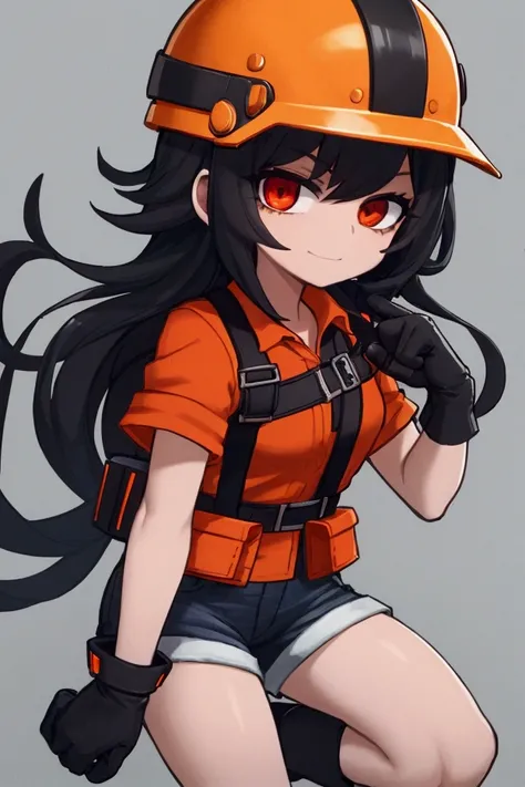 girl, black hair, bob, red eyes, orange short-sleeved safety jacket, black inner, denim shorts, black short socks, orange simple construction helmet, orange safety boots, white gloves, pointing finger 