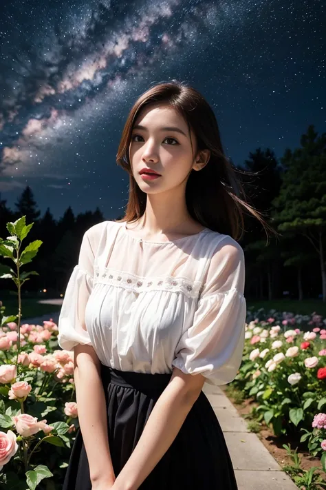 Highest quality, expensive_solve, clear_image, Detailed Background, girl, flower, garden, Starry Sky,