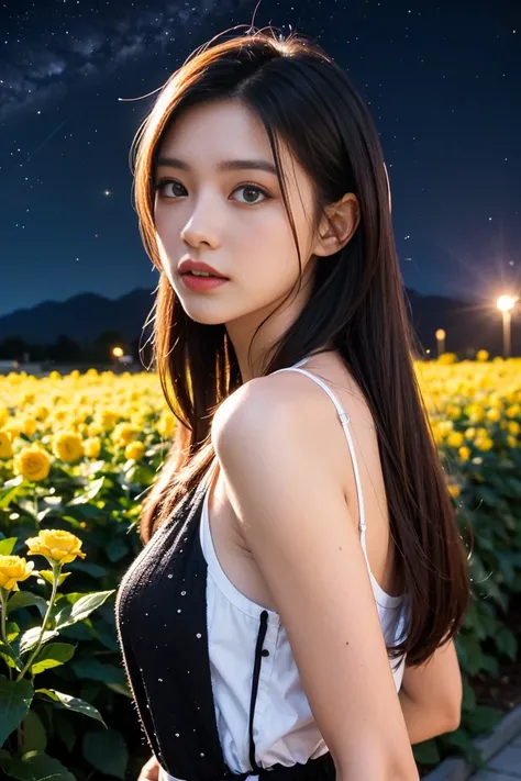 Highest quality, expensive_solve, clear_image, Detailed Background, girl, flower, garden, Starry Sky,