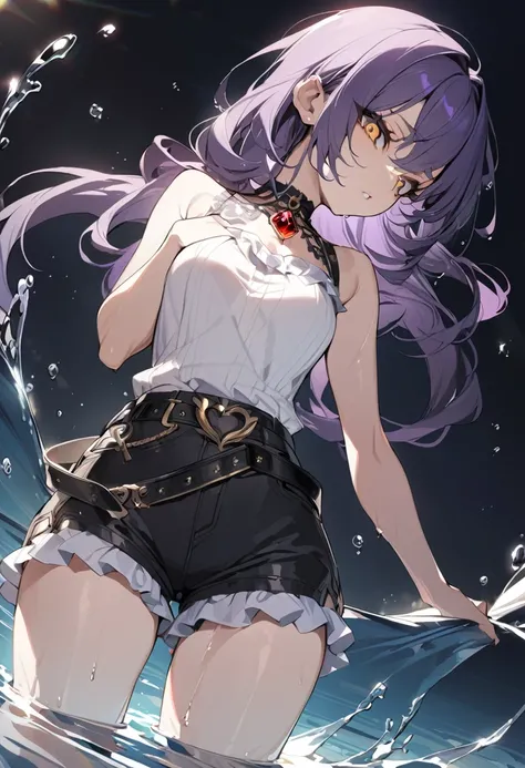 1 girl, masterpiece, best quality, fair skin, golden eyes, big eyes, dark purple hair, side tail, frills on shorts, black belt, red jewel, water, anime