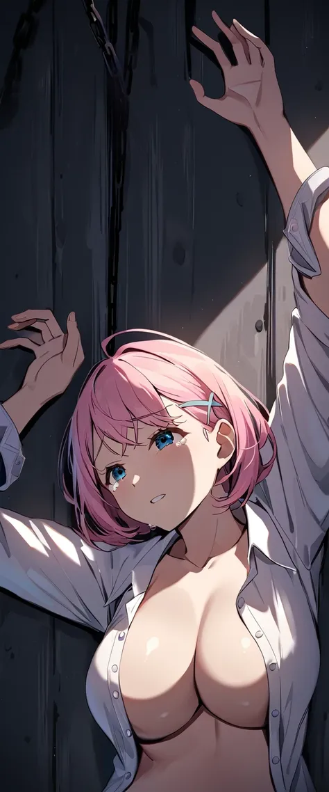 One Girl, yuigahama yui, , short hair, Pink Hair, Hair Bun, (Large Breasts), 
(Highest quality, High resolution, 4K, Detailed lighting, Shaders), 

Chained, 
Are crying, Raise the hand,  
Concrete Background, Lie in, 

, Open shirt, Upper Body,