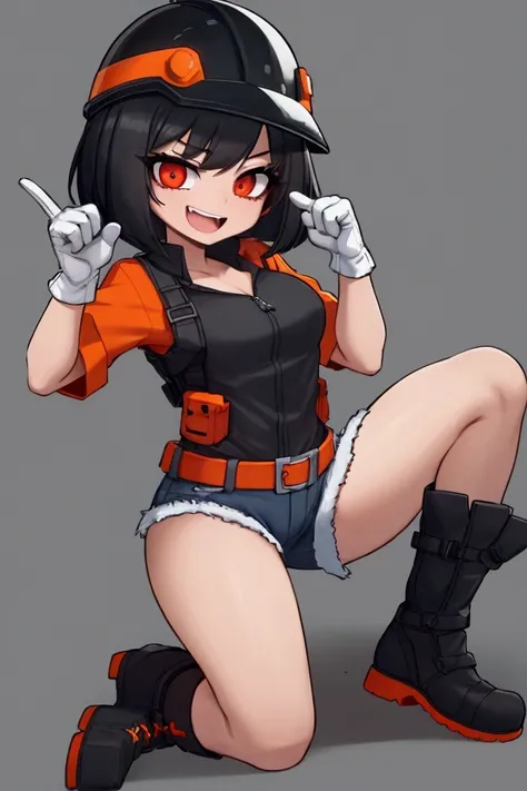 girl, black hair, bob, red eyes, orange short-sleeved safety jacket, black inner, denim shorts, black short socks, orange simple construction helmet, orange safety boots, white gloves, pointing finger 