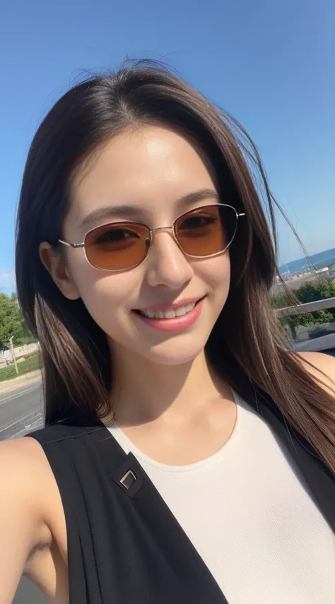 ((Day, Best Quality, 8K, Realistic)), Half body: 1.1, Slender abs: 1.2, ((Long layered dark brown hair: 1.2, Medium Breasts: 1.2)), (White crop top: 1.2, Black outerwear: 1.1, Tight pants: 1.1, Dark smoke tone sunglasses: 1.1, Walking: 1.4), (Outdoor, Sky ...