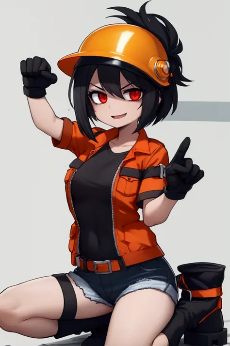 girl, black hair, bob, red eyes, orange short-sleeved safety jacket, black inner, denim shorts, black short socks, orange simple construction helmet, orange safety boots, white gloves, pointing finger 