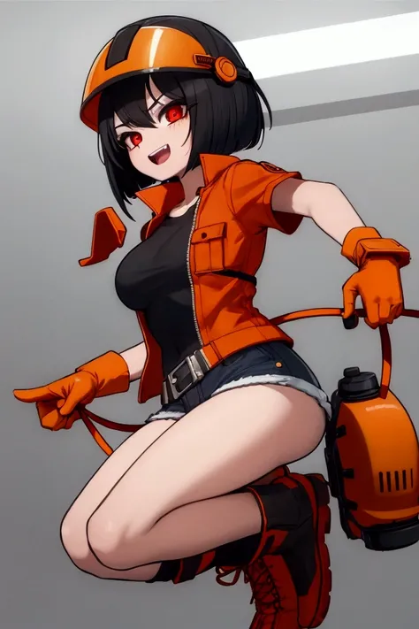 girl, black hair, bob, red eyes, orange short-sleeved safety jacket, black inner, denim shorts, black short socks, orange simple construction helmet, orange safety boots, white gloves, pointing finger 