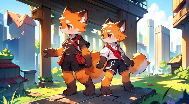 Red Panda Boy,8k resolution,Furry,          Uniform attire,Red collar,feetは二つ,feetで立つ！                   towering,lanky,lanky,：slim body,：tall hands,feet,Its bright outside,Collapsed City,building,broken,・split arms,・bad anatomy,・bad body,