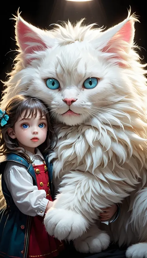 a kid holding a gigantic fluffy cat, extremely detailed, 4k, high quality, hyperrealistic, photorealistic, studio lighting, vibrant colors, dramatic lighting, beautiful detailed eyes, beautiful detailed lips, extreme fine details, intricate details, soft f...