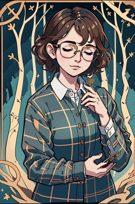 tarot, card, bzl_test, short curly brown hair, glasses, flannel shirt, forest background, closed eyes || masterpiece, perfect qu...