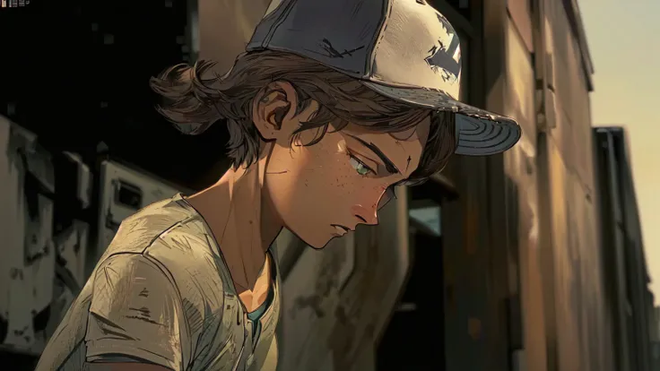 arafed young man in a baseball cap looking down at a cell phone, telltale games style, video game cutscene, hd screenshot, tellt...