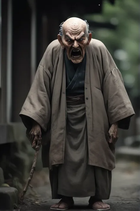 Full Body Shot、Horror-themed movie stills,Brings along a ton of monsters、Calm, big-headed old man,（Head size 1:４) (Full body portrait:1.3), (Detailed old man evil face:1.4), Wearing loose Japanese clothing, Shallow depth of field, Vignette, Very detailed, ...