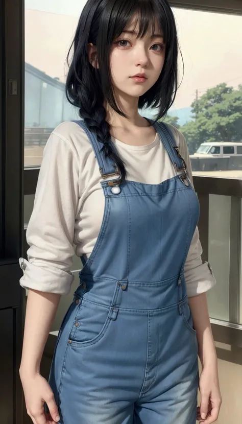 anime girl with black hair and blue overalls standing in front of a window, marin kitagawa fanart, makoto shinkai style, wearing overalls, makoto shinkai ( apex legends ), blue overalls, hinata hyuga, 🤤 girl portrait, makoto shinkai art style, female prota...