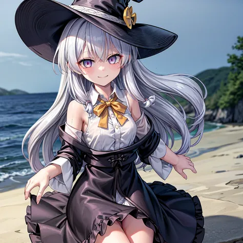 sit with knees raised, hugging knees, masterpiece, 1girl, glister hair, big eyes,((showing pussy)), armpit, (((sly smile))), sweat, wet, see-through, ((silver hair)), armpit through shirt sleeve, no bra, very loose shirt, white shirt, plead skirt, highly d...