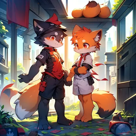 Red Panda Boy,8k resolution,Furry,          Uniform attire,Red collar,feetは二つ,feetで立つ！                   towering,lanky,lanky,：slim body,：tall hands,feet,Its bright outside,Collapsed City,building,broken,・split arms,・bad anatomy,・bad body,