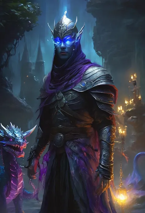 "ariel view of a fullbody skinny mask covered man with glowing eyes with a baby blue/purple algae glowing hatchling dragon wrapped around his shoulders, holds a bloody celestial orb staff filled with magic in his hand wears light dark leather armor and a s...