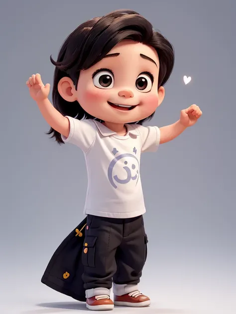 The image shows a cute baby with big smile standing with their left hand raised, making a gesture that could be interpreted as a love sign. They are wearing a white shirt and dark pants. The background is black.