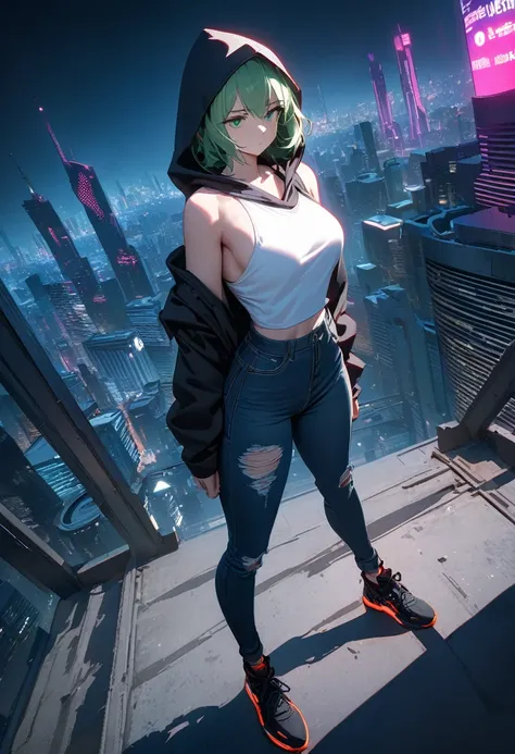 ((Best quality, 8K, masterpiece:1.3)), anime style, full body, a fallen hero turned assassin standing on the rooftop of a skyscraper in a neon-lit night city, (looking into the distance with despair:1.4), wearing a black youthful hoodie with a hood partial...